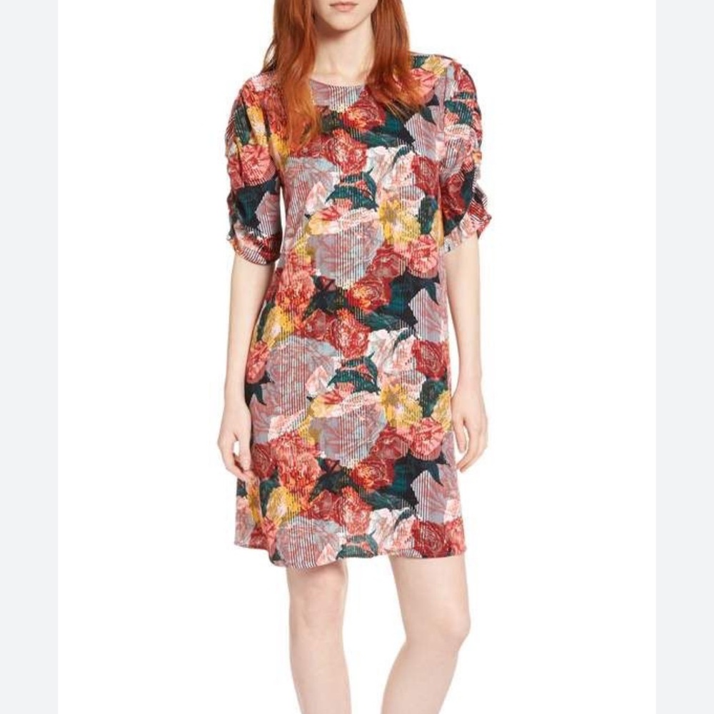 Halogen Floral Striped Puff Sleeve Shift Dress Women's Size XL